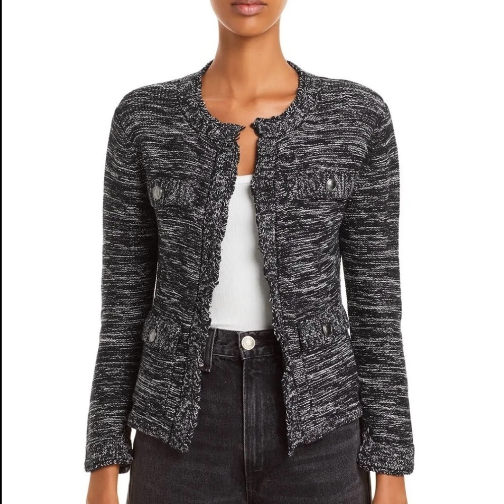 Aqua Sweater Womens Large Roundneck Cardigan Black White Knit Metallic Cotton